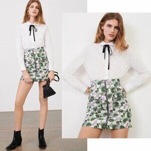Maje | Jizer Green Purple Floral Print Linen Blend A-Line Zip Mini Skirt, Size 2